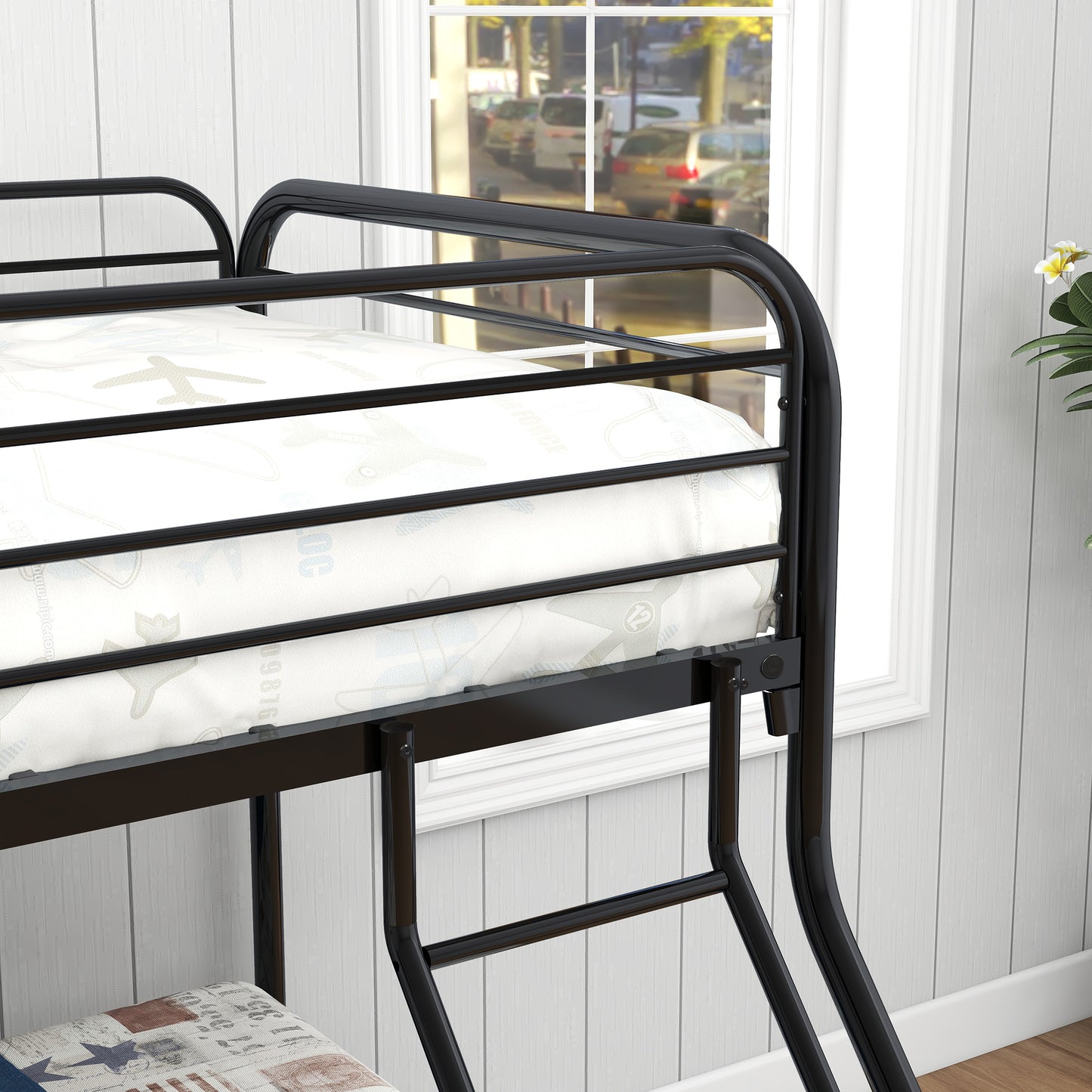 Metal Bunk Bed, Twin Over Full Bed with Ladder & Safety Guardrail, for Kids/Teens/Adults, Space Saving Kid's Room Bed Frame, No Spring Box Needed, Black, A1242