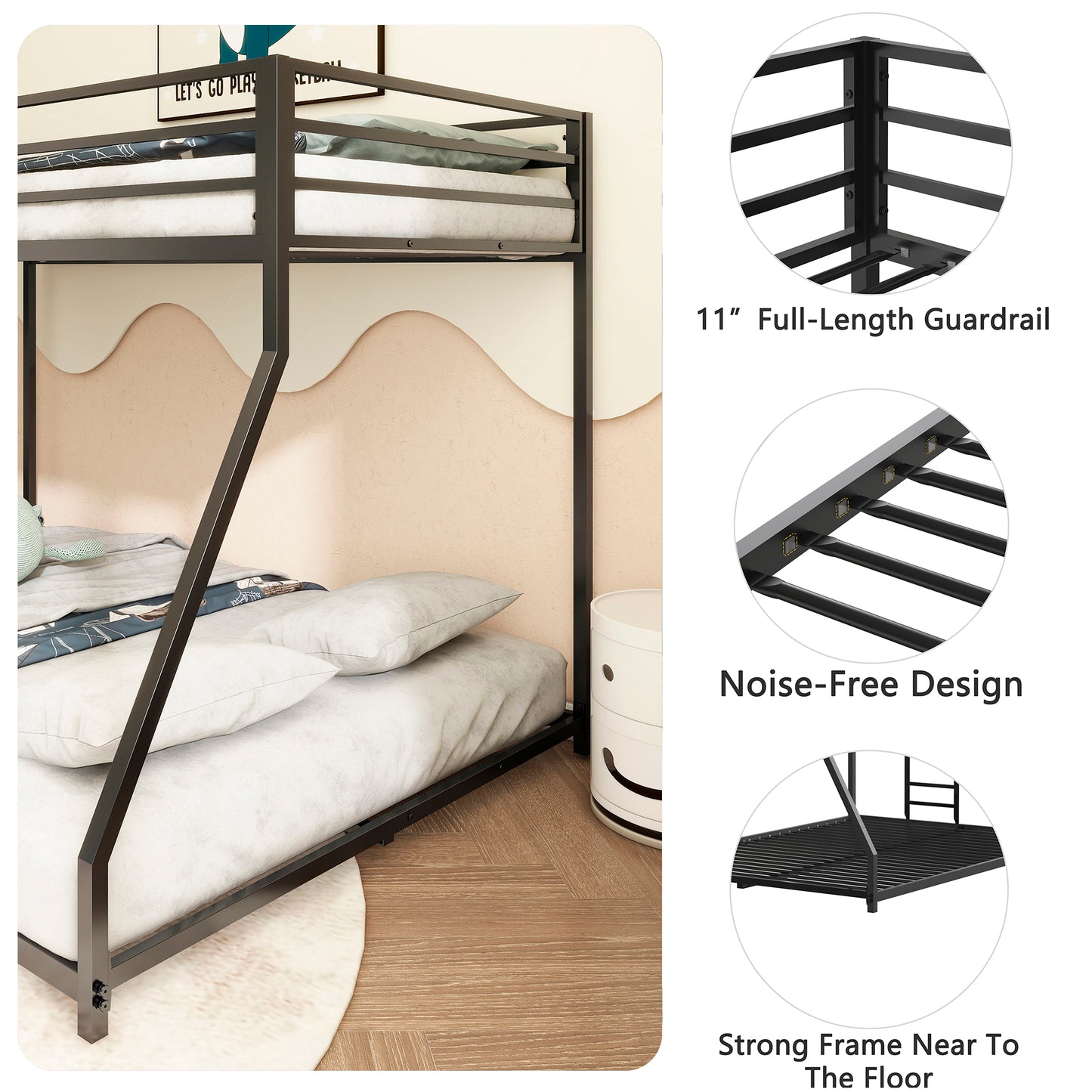 BTMWAY Metal Twin Over Full Bunk Bed with Removable Ladder, Heavy Duty Frame with Guardrails, Noise-Free Design, No Box Spring Needed, Sturdy & Durable for Kids, Teens, and Adults, White