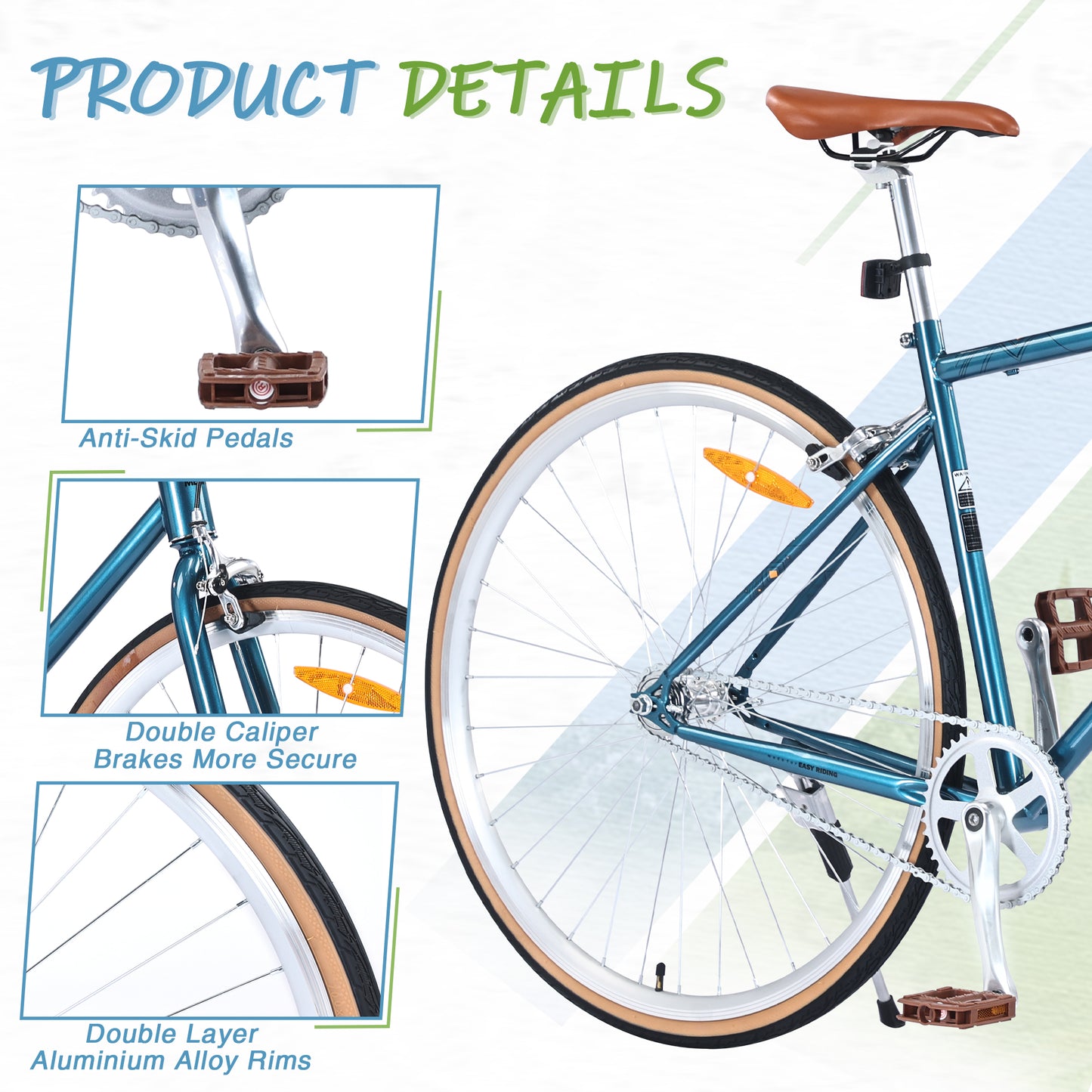 BTMWAY 700C Hybrid Bike,A Single-Speed Retro Style Road Bicycle with Anti-Skid Pedals, Steel Frame for Men & Women, Featuring Double Layer Aluminum Alloy Rims