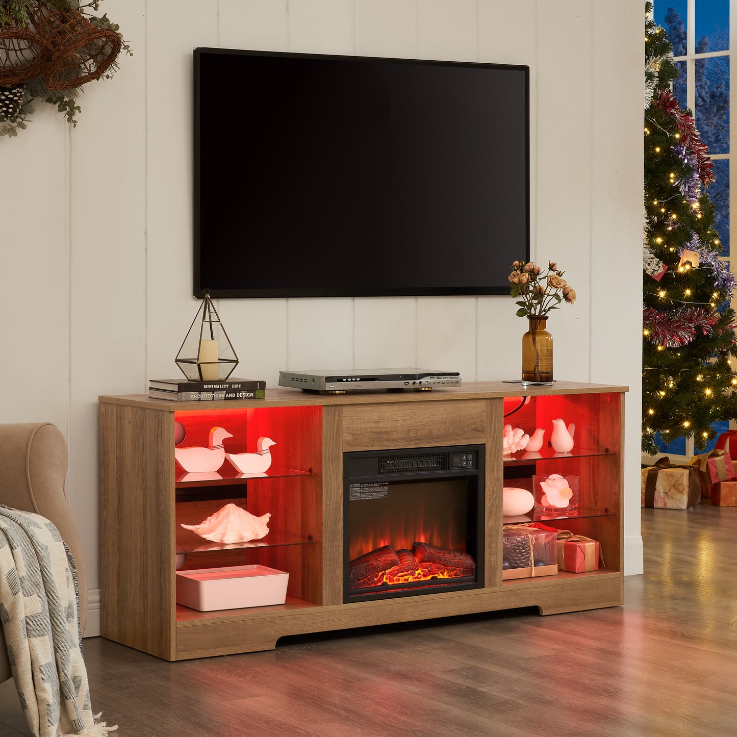 BTMWAY TV Stand with Electric Fireplace, Wood Entertainment Center for TVs up to 62", 3D LED Flame, Glass Shelves, USB Charging Outlet, Oak Finish, Modern Media Console Table, 58"×15.5"D×24.4"