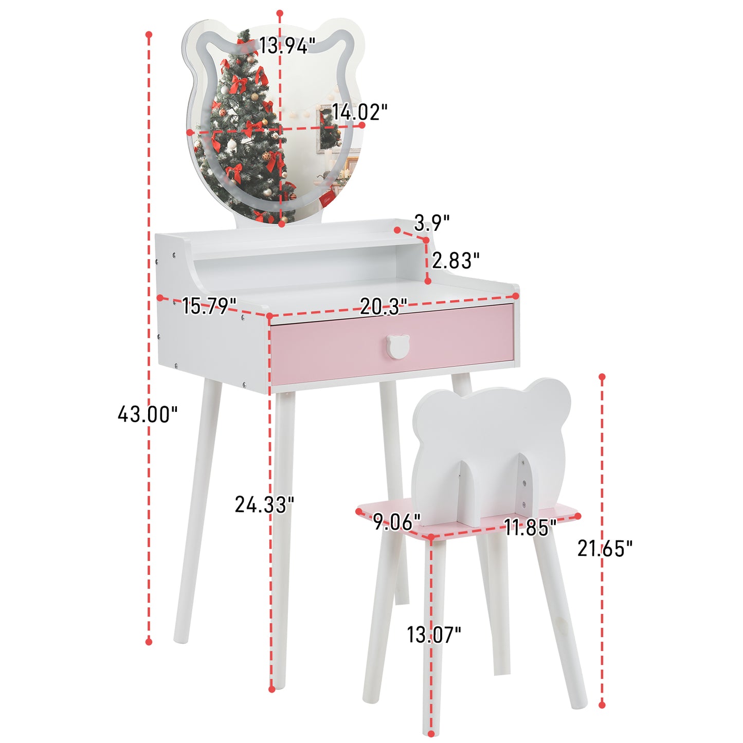 BTMWAY Kids Vanity Table with 3-Color LED Bear-Shaped Mirror, Touch-Control Light, 2-in-1 Design, Large Storage Drawer & Shelf, Perfect Princess Gift for Toddlers, White