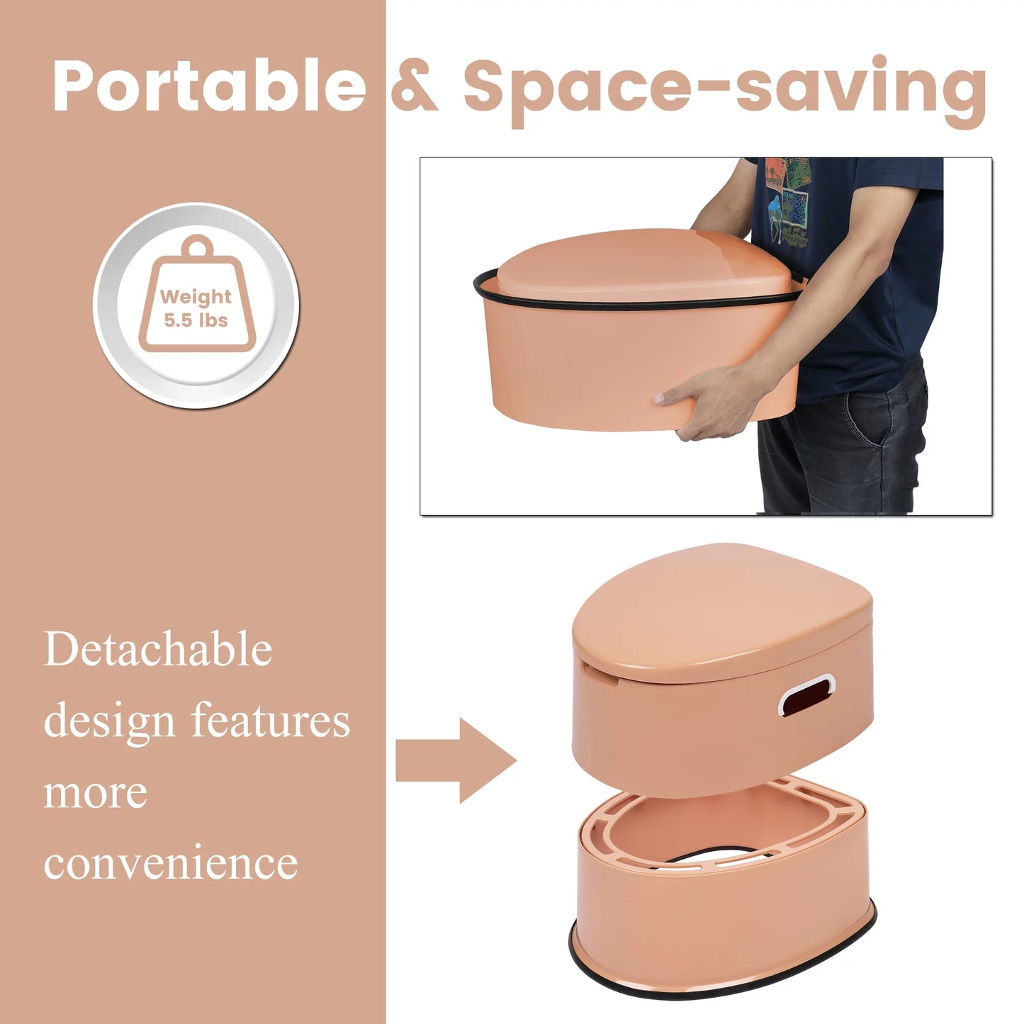 Portable Camping Toilet, ASJ Portable Toilet Seat with Detachable Inner Bucket, Indoor & Outdoor Travel Toilet for RV/Camping/Boating, Portable Toilet with Non-slip Mat, Pink