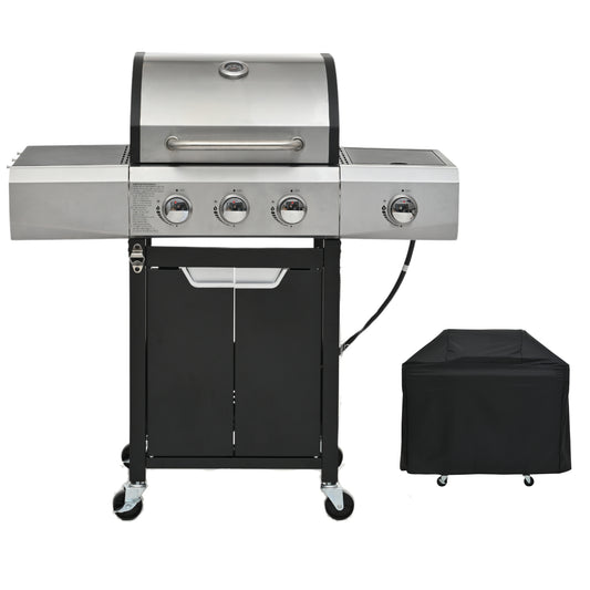 BTMWAY 3-Burner Propane Gas Grill with Side Burner and Cover, Stainless Steel Outdoor BBQ Grill for Camping and Backyard, 40,500 BTU Cooking Power, 376 Sq. In. Grates and Warming Rack