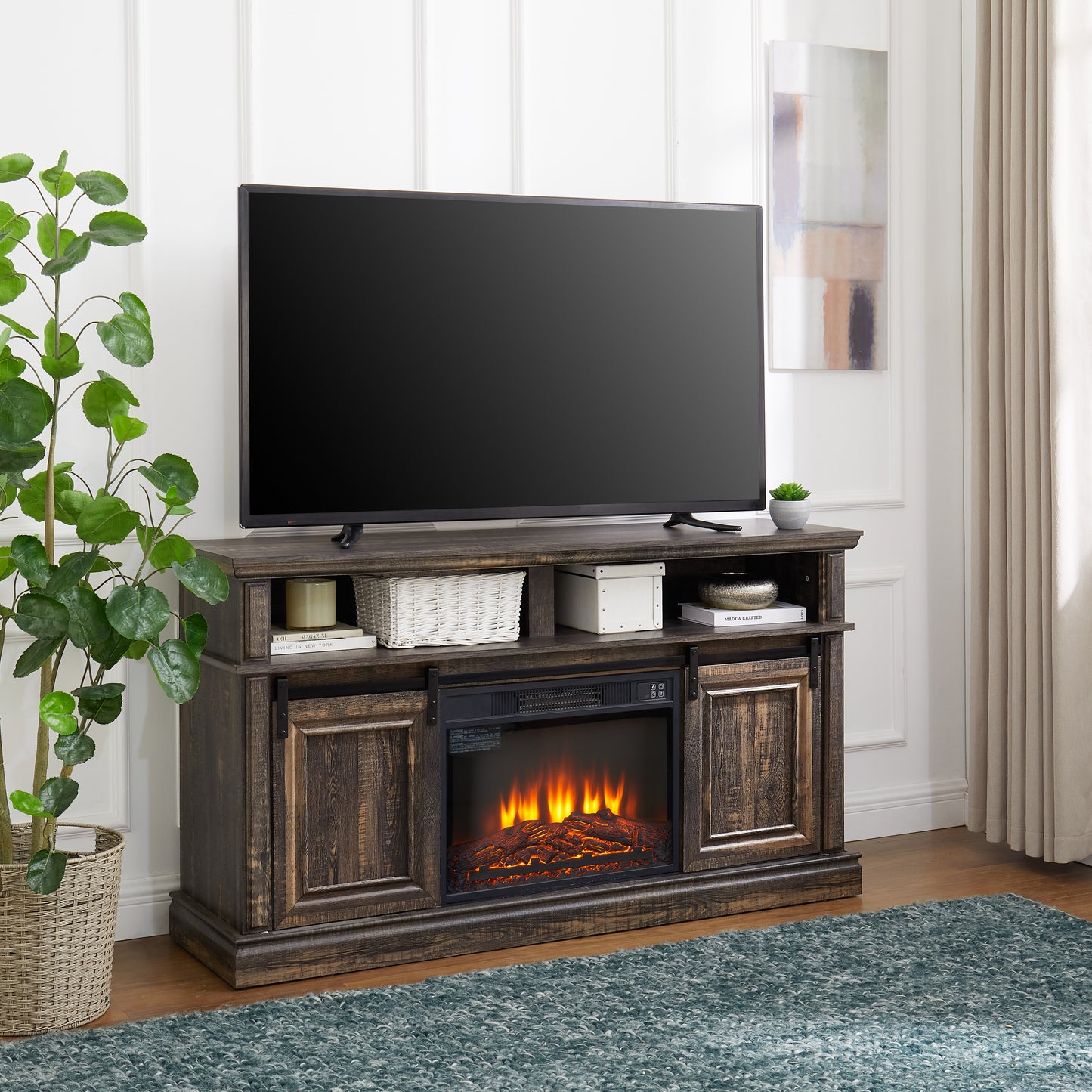 BTMWAY 58" Fireplace TV Stand for TVs up to 65", Media Entertainment Center Console with 23" Electric Fireplace, 2 Sliding Door, Large Storage Cabinet for Living Room, Antique Brown