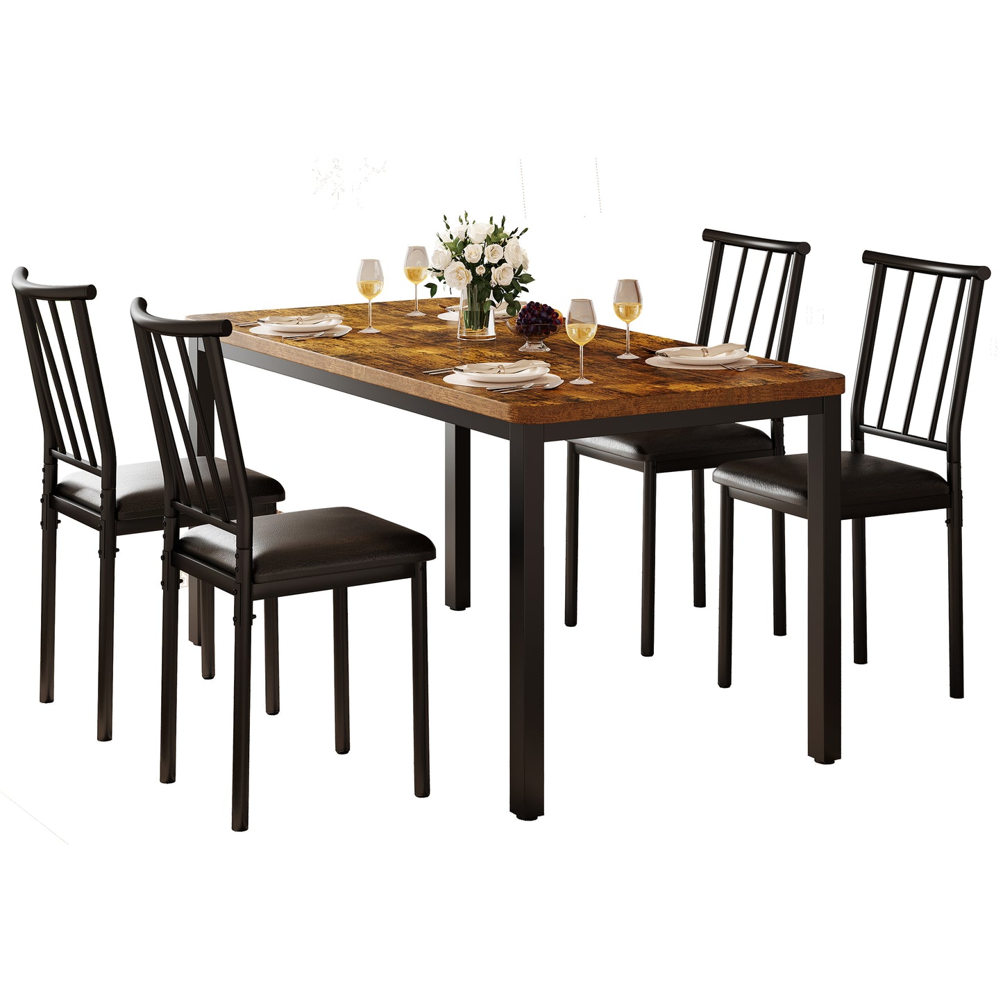 6 Piece Dining Set with Bench, Modern Dining Room Set for 6, Kitchen Dining Set with Upholstered Chairs and Bench, Dining Set with Storage Rack for Dining Room, Kitchen and Apartment, Brown