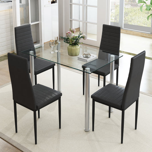 5 Piece Dining Table Set, BTMWAY Glass Tabletop and PU Leather Upholstered Chairs for 4, Rectangular Dinette Sets for Breakfast Nook Living Room, Modern Dining Room Table Set, Black