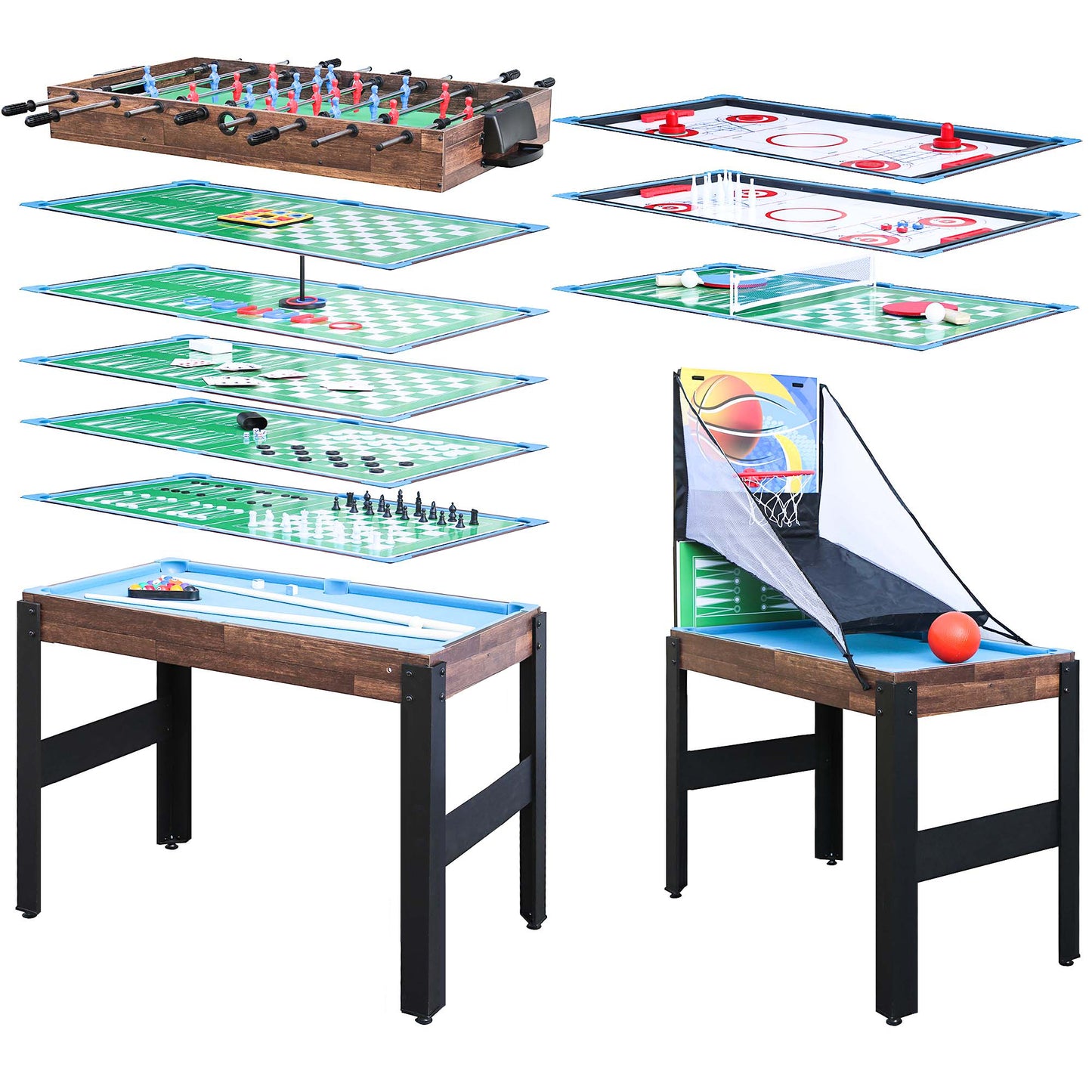 BTMWAY 16-in-1 Multi Game Table, 48" Combo Game Table Set for Game Room, Game Table with Bow, Arrow, Basketball, Football, Hockey, Foosball, Shuffleboard, Ping Pong, Chess, Checkers, Bowling