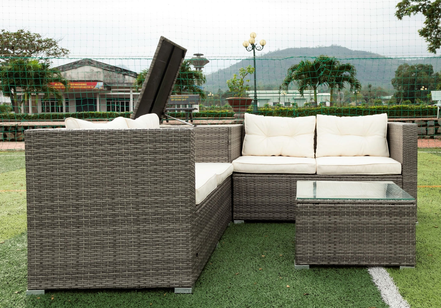 4 Piece Patio Sectional Wicker Rattan Outdoor Furniture Sofa Set with Storage Box