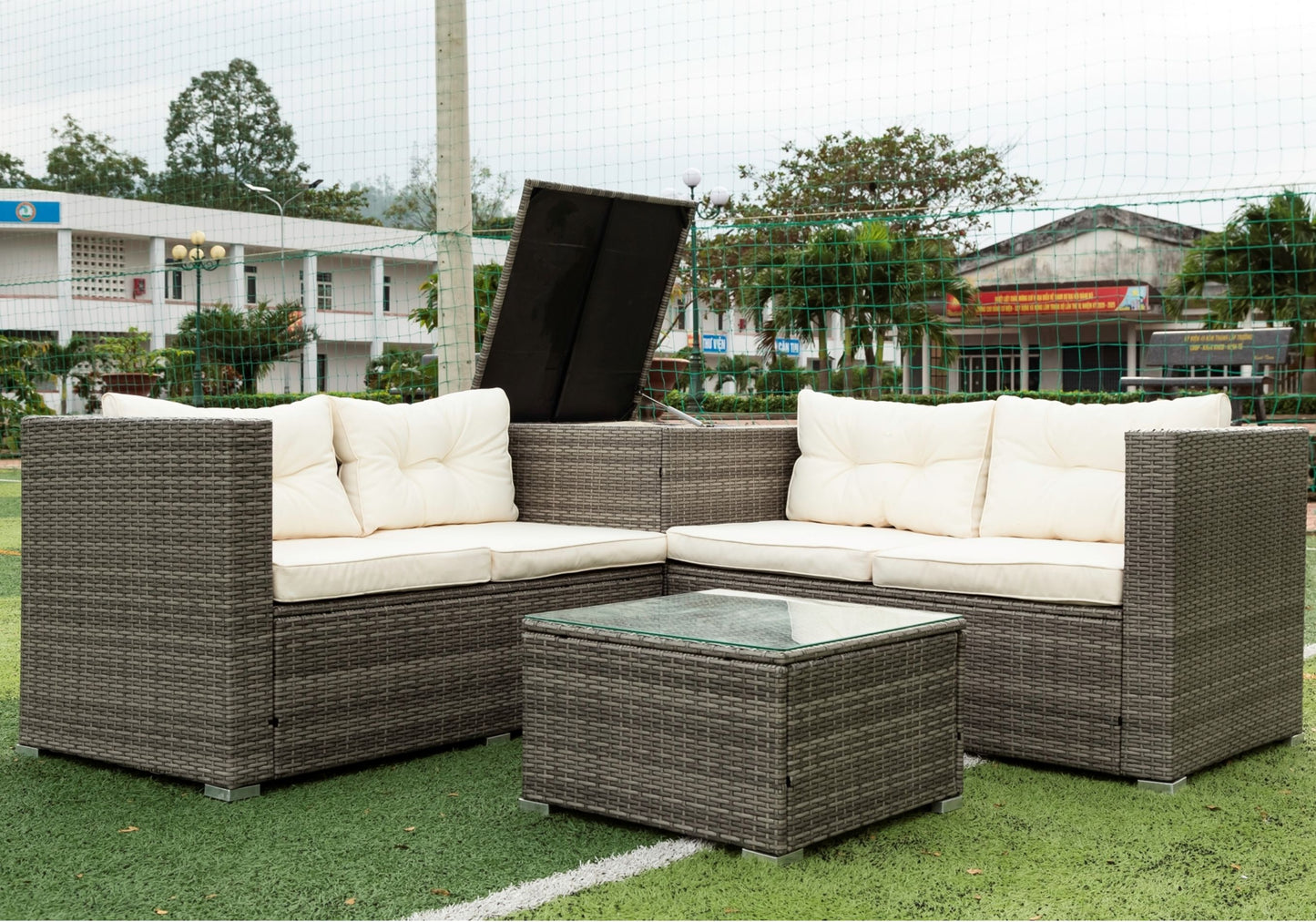 4 Piece Patio Sectional Wicker Rattan Outdoor Furniture Sofa Set with Storage Box