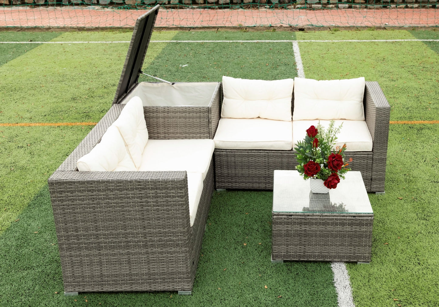 4 Piece Patio Sectional Wicker Rattan Outdoor Furniture Sofa Set with Storage Box