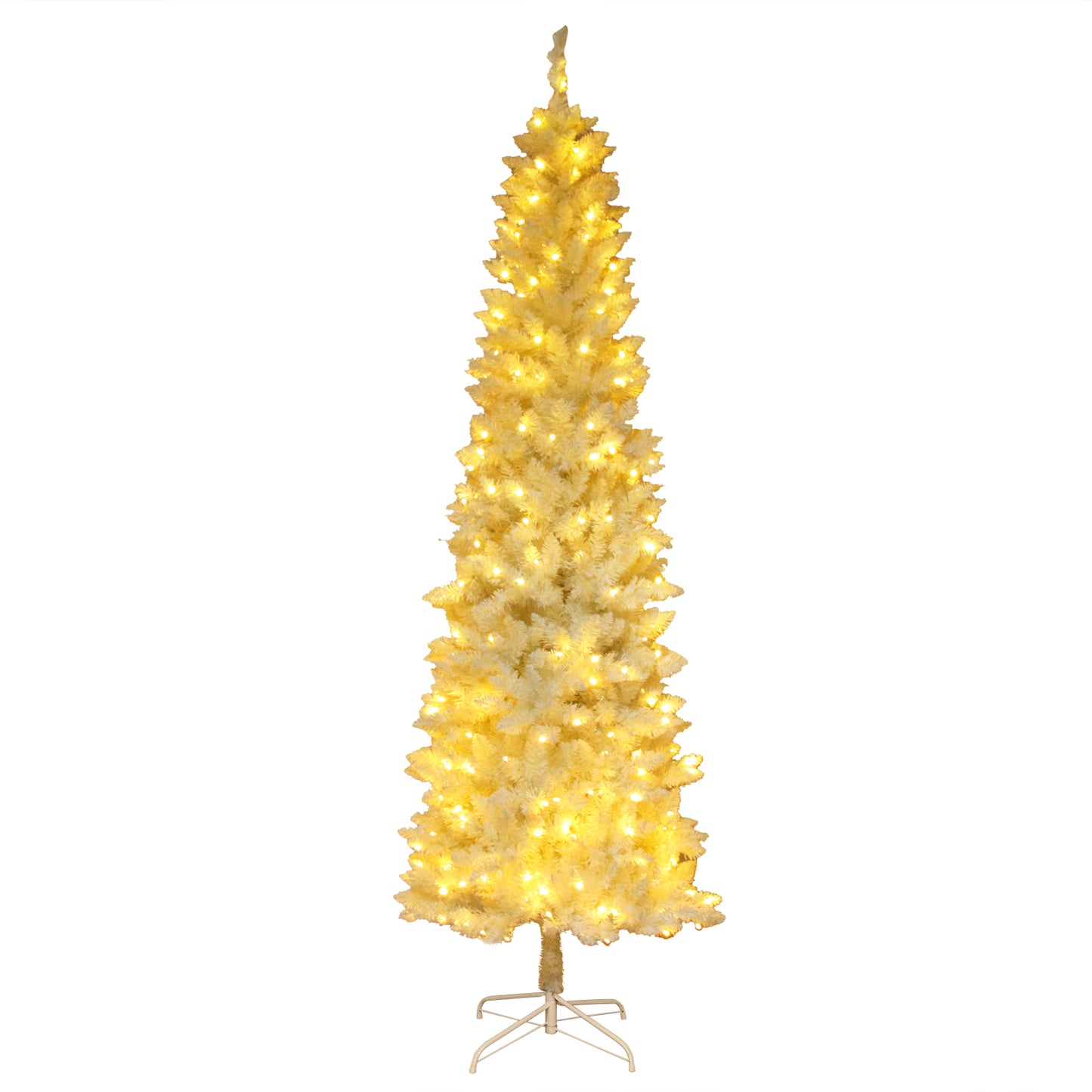 Pre-lit Artificial Christmas Trees, BTMWAY 6.5 Ft Pencil Slim Christmas Trees with Lights, 719 Branch Tips, Metal Base, White, R234