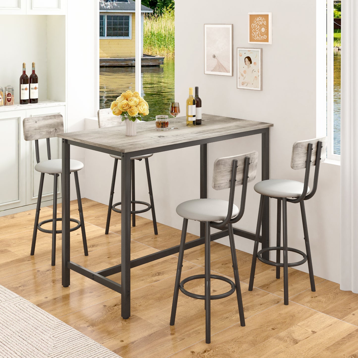 5 Piece Dining Set, BTMWAY Counter Height Kitchen Dining Table and Chair Set for 4, Rectangle Dinette Table Set with Storage Rack and 4 Backrest Chairs, for Kitchen Dining Room Breakfast Nook