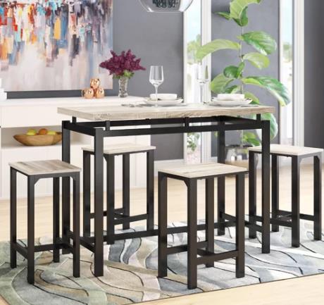 Counter Height Kitchen Table Set with Chairs, Contemporary Bar Table and Stools Set, Brown Metal Dining Room Table and Chairs Set, Pub Dining Set, Breakfast Nook Set for Living Room Bistro