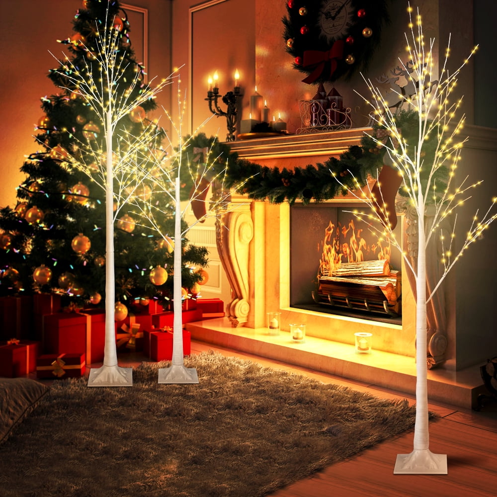 Lighted Birch Tree, 3PCS 4FT/5FT/6FT Prelit Birch Tree with Warm White Light, Lighted White Christmas Tree for Indoor Outdoor Use, LED Artificial Birch Tree for Home Wedding Party Christmas Decoration