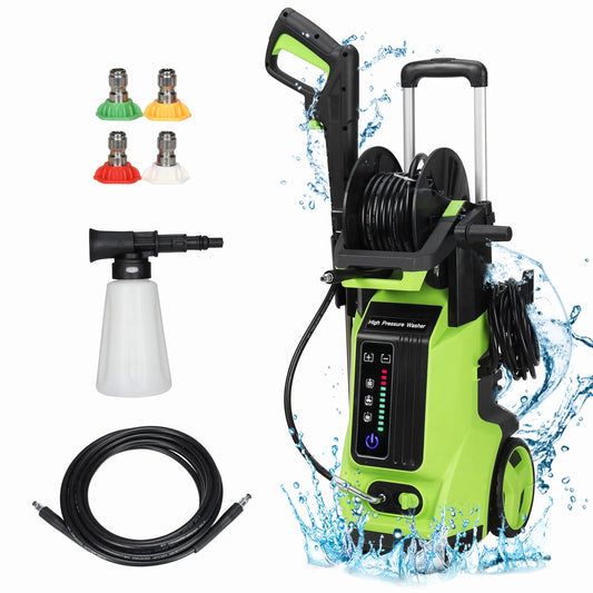 BTMWAY 1800W Electric Pressure Washer, 3800 PSI, Max. 2.6 GPM Power Washer with Safety Lock & TSS, 19.7ft Hose, 4 Nozzles, Portable High Pressure Cleaning Machine for Cars, Driveways, Patios, Green