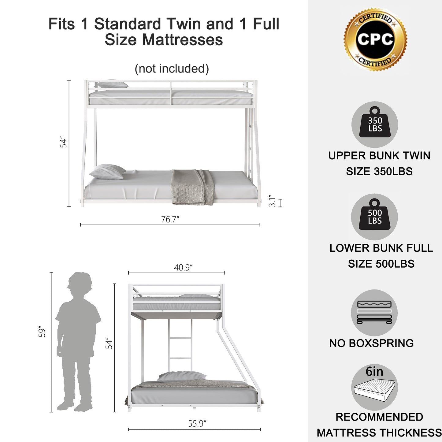 BTMWAY Metal Twin Over Full Bunk Bed with Removable Ladder, Heavy Duty Frame with Guardrails, Noise-Free Design, No Box Spring Needed, Sturdy & Durable for Kids, Teens, and Adults, White