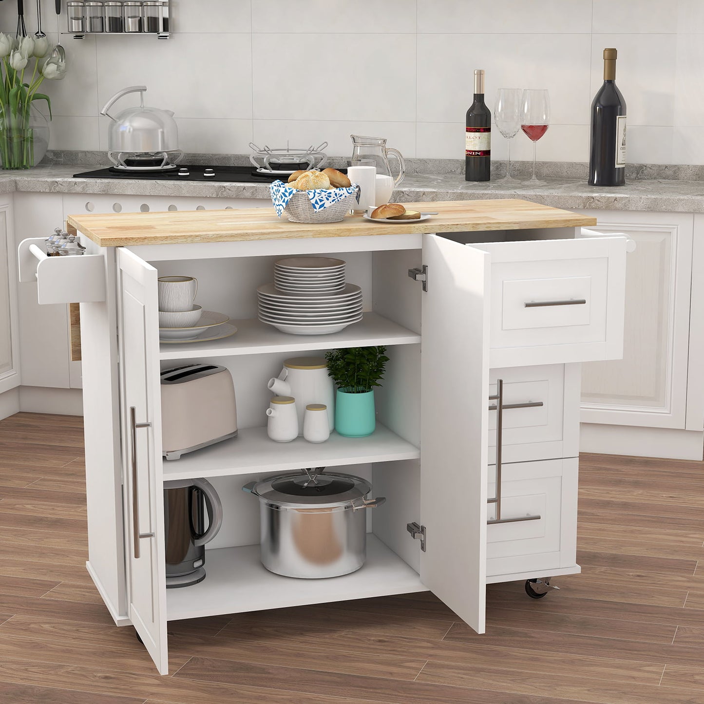Rolling Kitchen Island with Storage, BTMWAY Kitchen Island Cart on Wheels with Extensible Table Top, Portable Kitchen Coffee Cart, Rolling Kitchen Trolley Utility Cart Microwave Cabinets, A5799