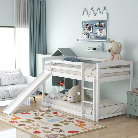 Wood Twin Over Twin Bunk Bed with Slide, BTMWAY Low Twin Size Bunk Beds for Kids, Floor BunkBed Loft Bed Frame with Ladder and Guardrails, Load Capacity - 400lbs, No Box Spring Needed, White