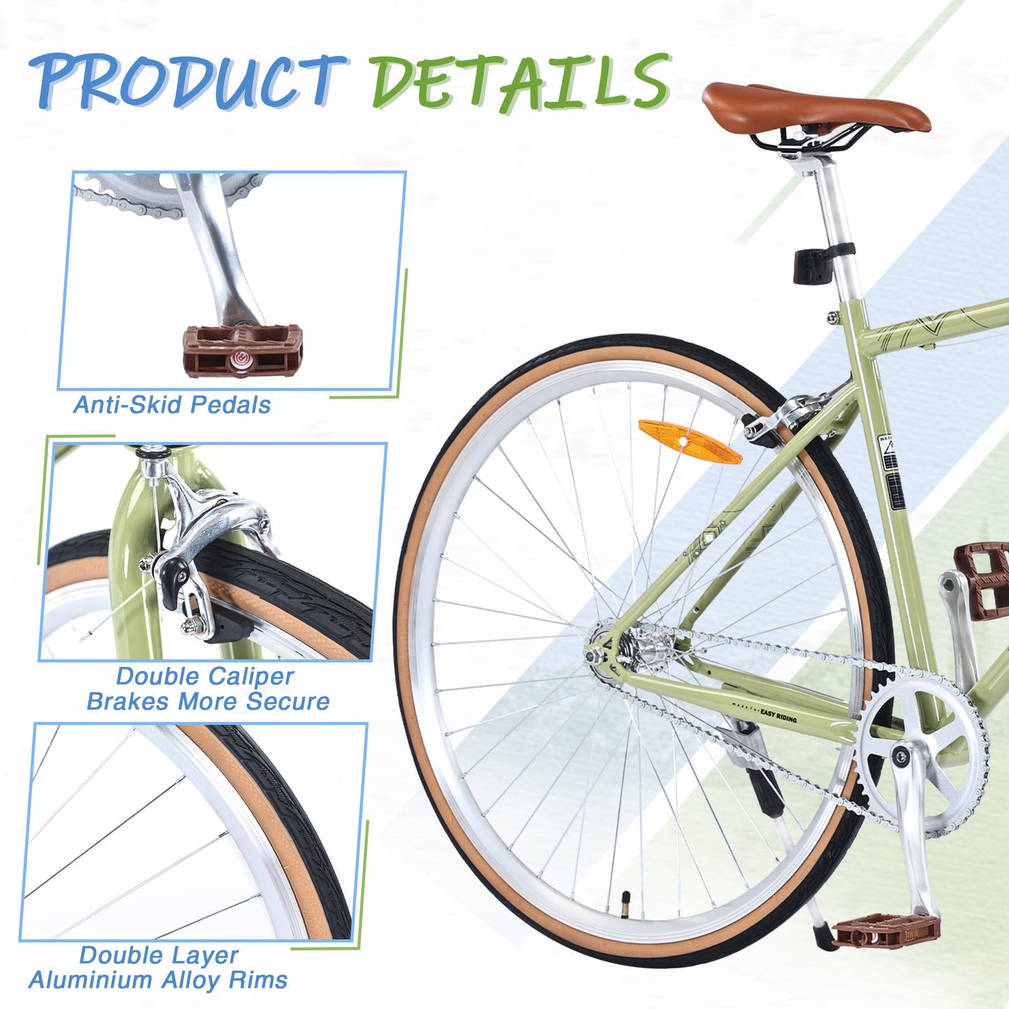 BTMWAY 700C Hybrid Bike,A Single-Speed Retro Style Road Bicycle with Anti-Skid Pedals, Steel Frame for Men & Women, Featuring Double Layer Aluminum Alloy Rims