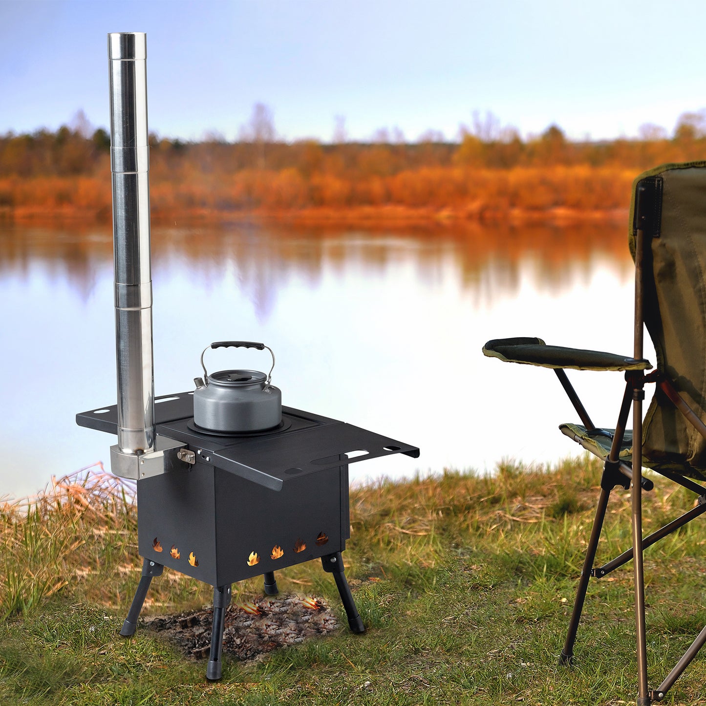 BTMWAY Outdoor Wood Camping Stove - Portable Black Stove with Large Cooking Surface, Compact Size for Campers and Outdoor Enthusiasts，Black