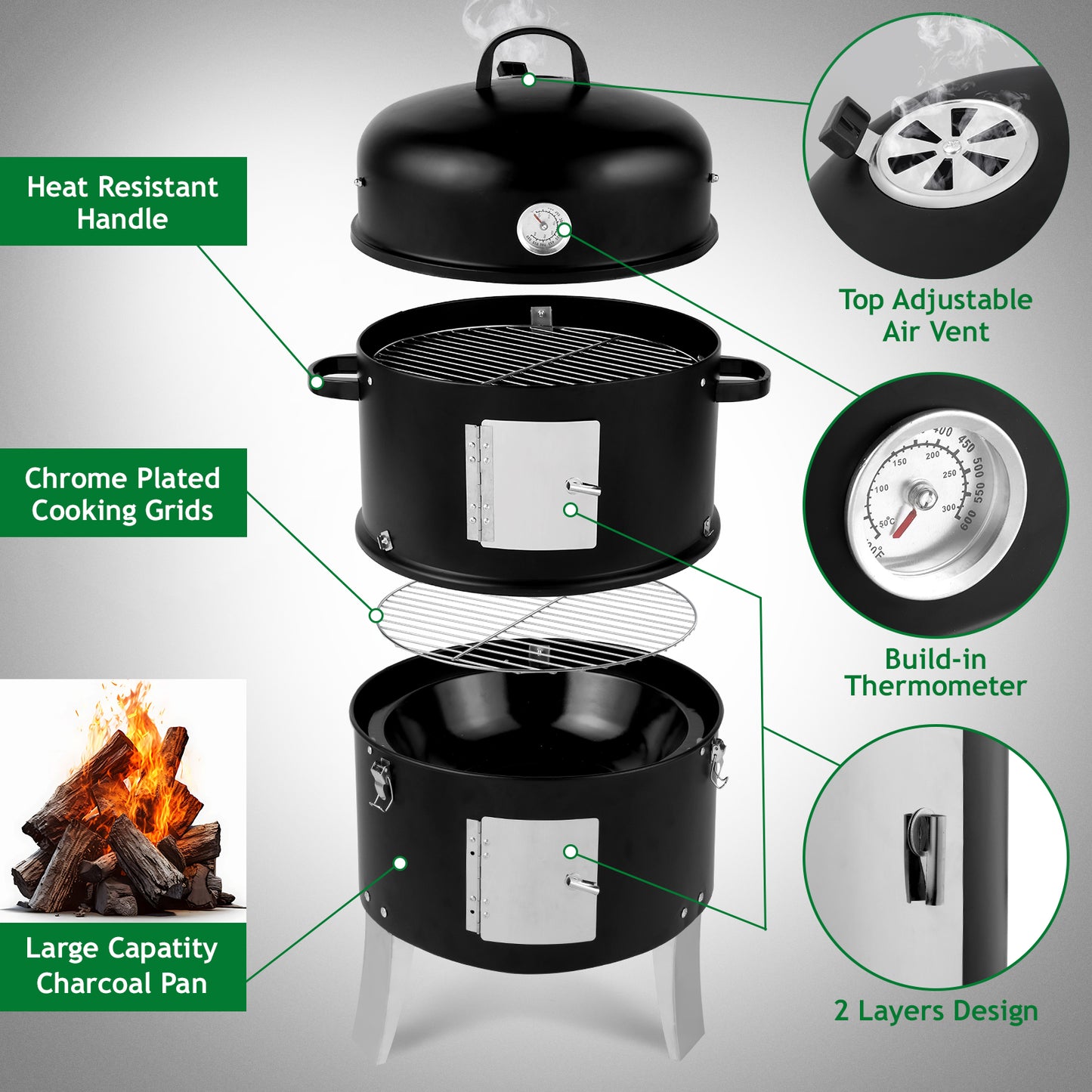 BTMWAY 3-in-1 Vertical Steel Charcoal Smoker，with Double Layer Round BBQ Grill，Easy Assembly for Outdoor Parties, Camping, and Backyard Barbecues