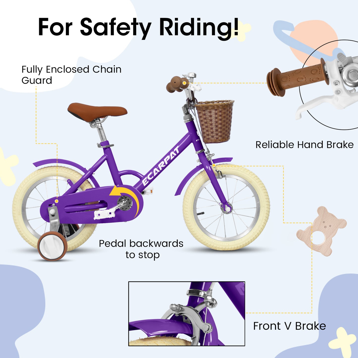 A12116 Ecarpat Kids'Bike Girls Bike 12 Inch Wheels,1-Speed Child Bicycles For 2-3 Years,With Removable Training Wheels Baby Toys,Front V Brake,Rear Holding Brake