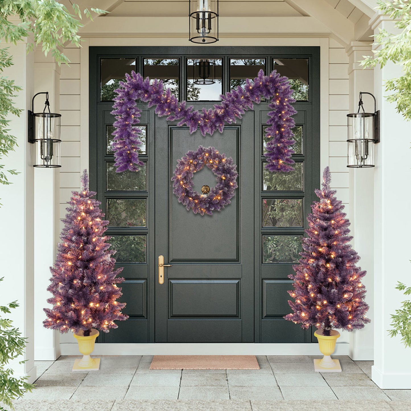 BTMWAY Pre-Lit Artificial Christmas Tree 4-Piece Set - Garland, Wreath & 2 Small Christmas Trees with Lights, Xmas Holiday Decor for Front Porch, Fireplace, LED Prelit Christmas Decorations, Purple