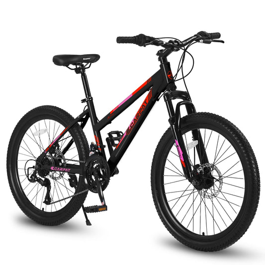 24 inch/26 inch Mountain Bike for Men Boys, 21 Speed Hardtail Adult Bicycle with Dual Disc Brake, 100mm Front Suspension, Ergonomic Steel Frame, High-Quality Tires Bicicleta de Montaña-Black