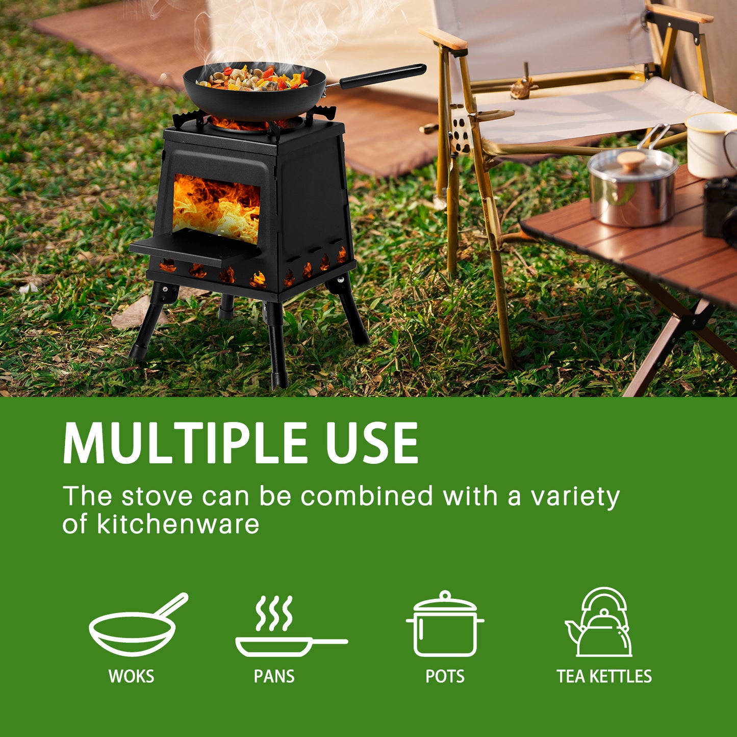 BTMWAY Wood Burning Camp Stove, Portable Cast Iron Camping Wood Stove, Black Woodstove with Carrying Case for Backpacking Outdoor Cooking