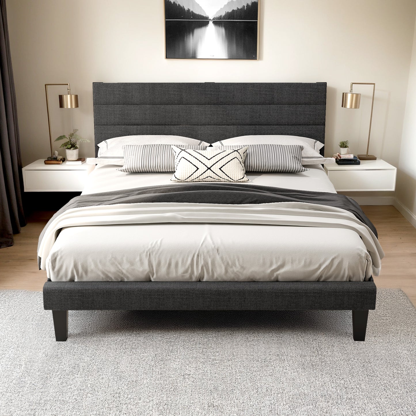 King Bed with Adjustable Headboard, King Size Linen Upholstered Platform Bed Frame with 800lbs Support, No Box Spring Needed, Wood Slat Support, Noise Free, Gray
