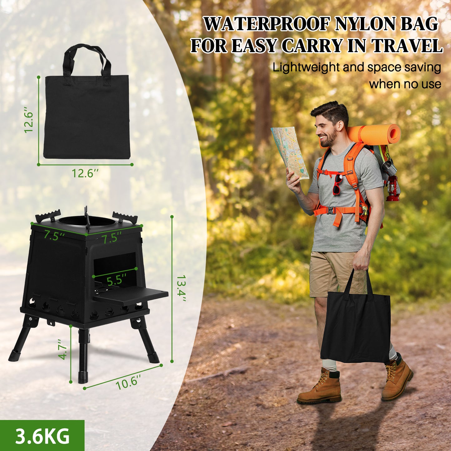 BTMWAY Wood Burning Camp Stove, Portable Cast Iron Camping Wood Stove, Black Woodstove with Carrying Case for Backpacking Outdoor Cooking