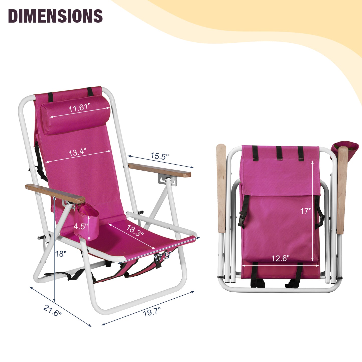 BTMWAY 2 Pack Folding Beach Chair Set, 4 Position Portable Backpack Foldable Camping Chair with Headrest Cup Holder and Wooden Armrests，Pink