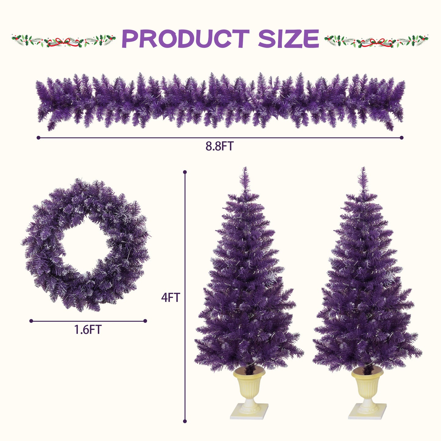 BTMWAY Pre-Lit Artificial Christmas Tree 4-Piece Set - Garland, Wreath & 2 Small Christmas Trees with Lights, Xmas Holiday Decor for Front Porch, Fireplace, LED Prelit Christmas Decorations, Purple