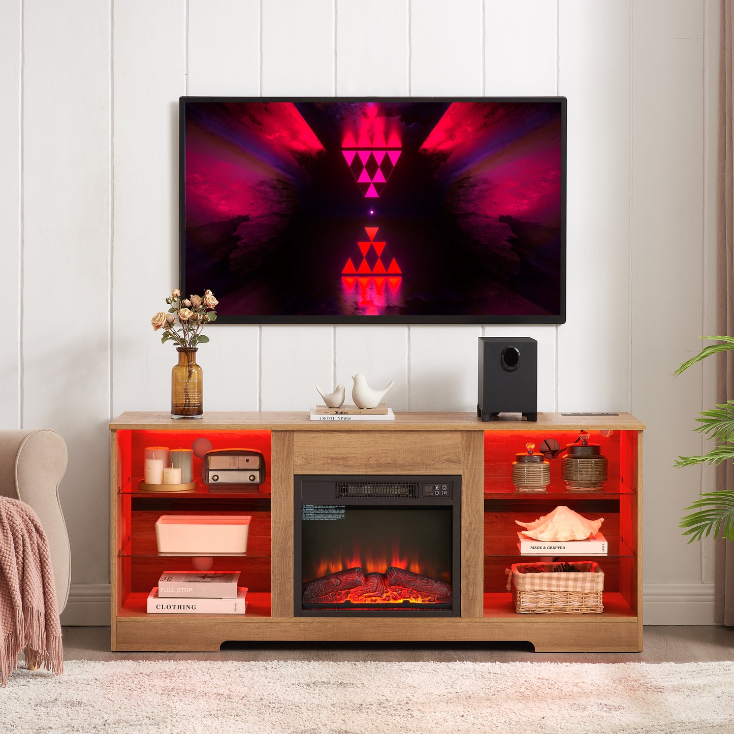 BTMWAY TV Stand with Electric Fireplace, Wood Entertainment Center for TVs up to 62", 3D LED Flame, Glass Shelves, USB Charging Outlet, Oak Finish, Modern Media Console Table, 58"×15.5"D×24.4"