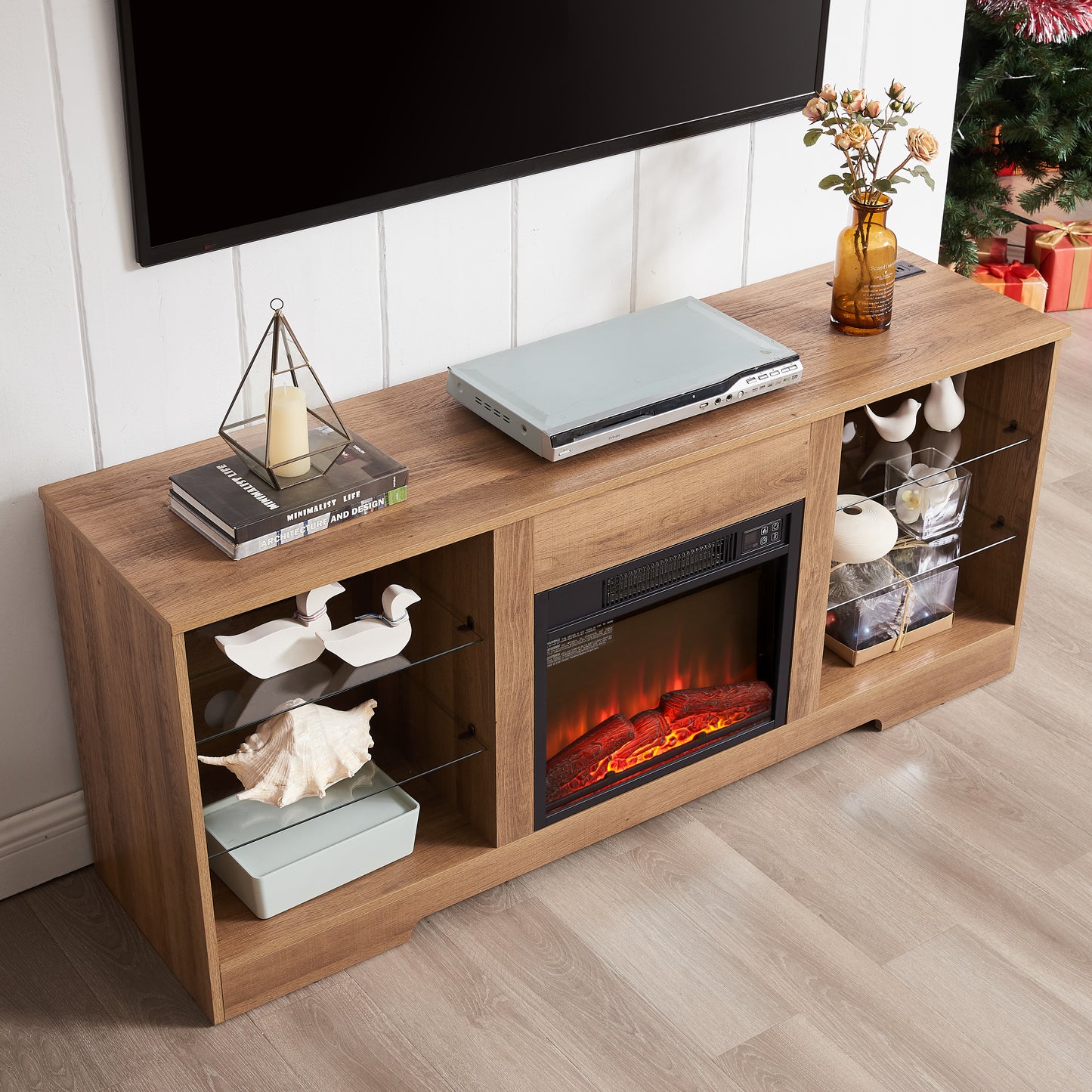 BTMWAY TV Stand with Electric Fireplace, Wood Entertainment Center for TVs up to 62", 3D LED Flame, Glass Shelves, USB Charging Outlet, Oak Finish, Modern Media Console Table, 58"×15.5"D×24.4"