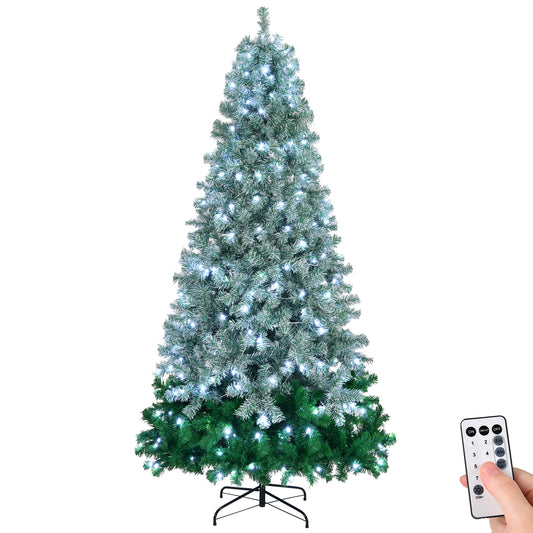 Clearance! 7.5ft Gradient Pre-lit Flocked Artificial Christmas Tree with Remote Control, 300 Lights, 8 modes, Hinged Xmas Pine Tree with 1200 Branch Tips, for Holiday & Indoor/Outdoor Use