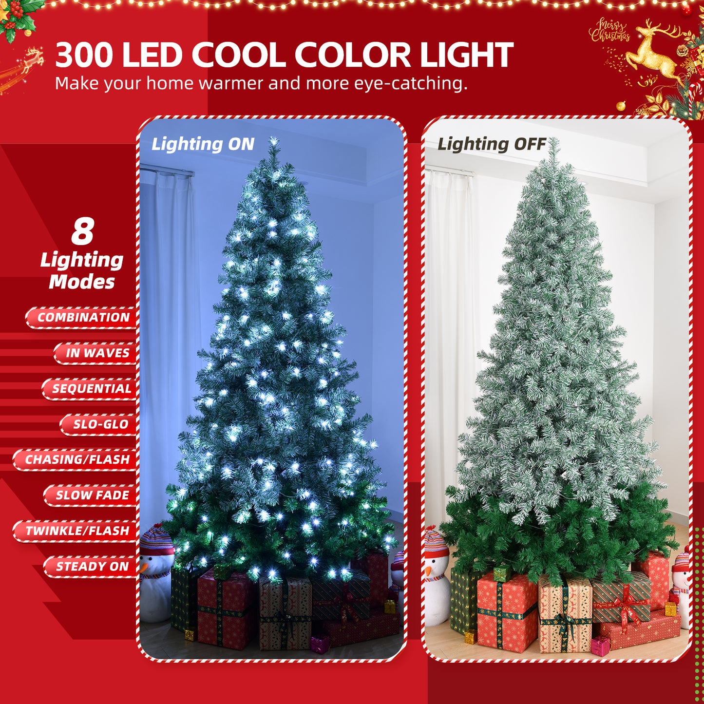 Clearance! 7.5ft Gradient Pre-lit Flocked Artificial Christmas Tree with Remote Control, 300 Lights, 8 modes, Hinged Xmas Pine Tree with 1200 Branch Tips, for Holiday & Indoor/Outdoor Use