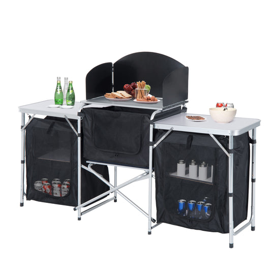 BTMWAY Fold-Up Camping Table with Windscreen and 3 Enclosed Cupboards, Aluminum Portable Camping Table, Perfect Cooking Table for Outdoor Activities like BBQ, Party, Picnics, Backyards