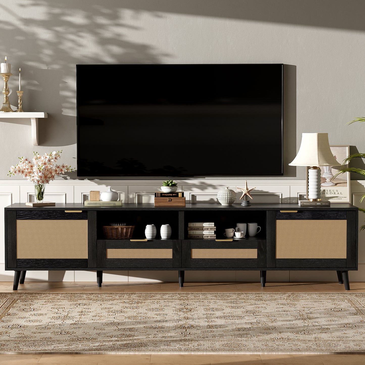 Rattan TV Stand for TVs up to 85", BTMWAY TV Stand, Modern Farmhouse Entertainment Center for TVs, Media Console with 2 Storage Drawer and Solid Wood Legs, TV Cabinet with Storage