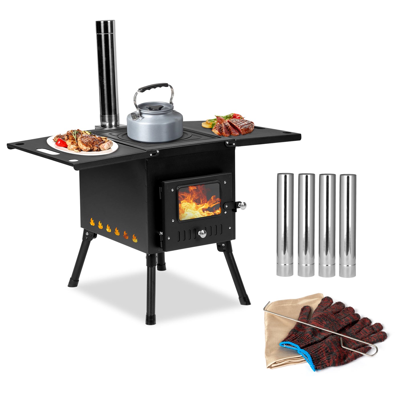 BTMWAY Wood Burning Camp Stove,Portable Cast Iron Camping Iron Panel,Black Panel with Chimney Camping stove for Backpacking Outdoor Cooking