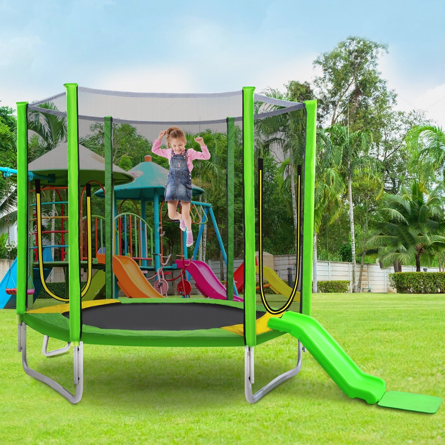 7FT Trampoline for Kids with Safety Enclosure Net, Slide and Ladder, Easy Assembly Round Outdoor Recreational Trampoline，green