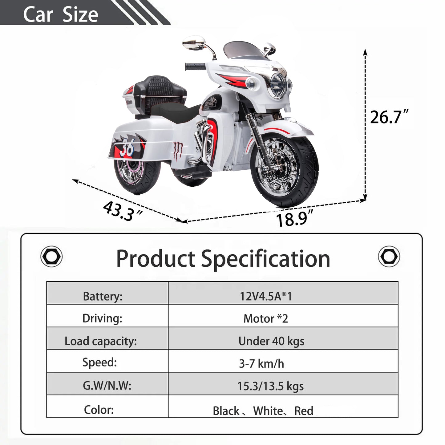 BTMWAY 12V Kids Electric Motorcycle with 3 Wheels, 2 Seater Ride-On Motorbike with Key Start, Headlights, Storage Box, 2 Motors for Boys & Girls Ages 3-8, White, Perfect Holiday & Toddler Gift