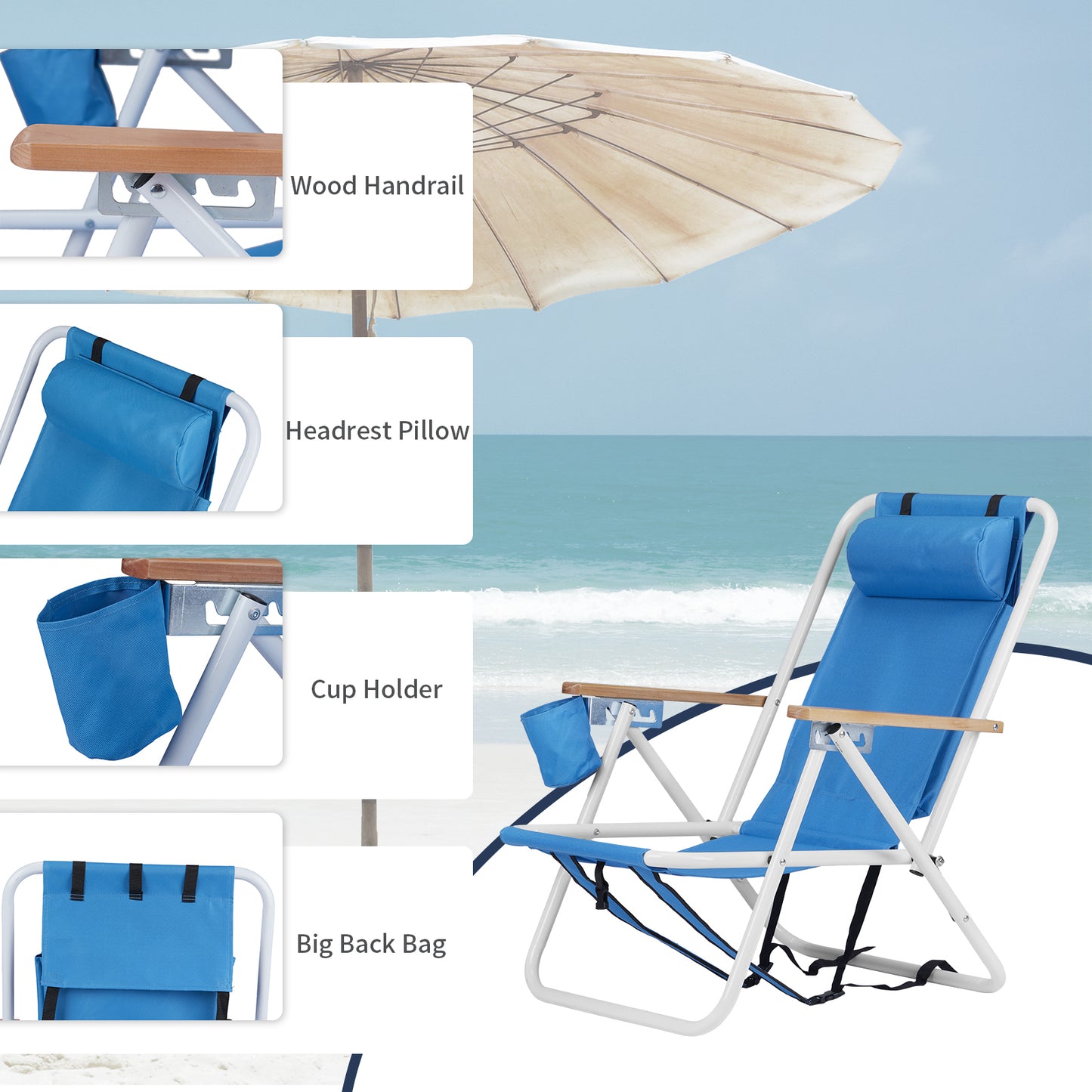 BTMWAY 2 Pack Folding Beach Chair Set, 4 Position Portable Backpack Foldable Camping Chair with Headrest Cup Holder and Wooden Armrests，Blue