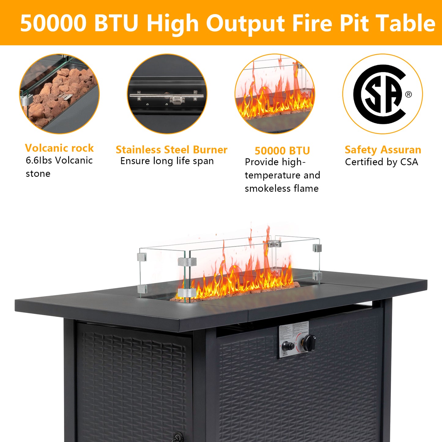 BTMWAY 43 inch Fire Table，50000 BTU Propane Fire Pit Table with Volcanic Stone, Flame-Out Protection,Perfect for Patio, Backyard