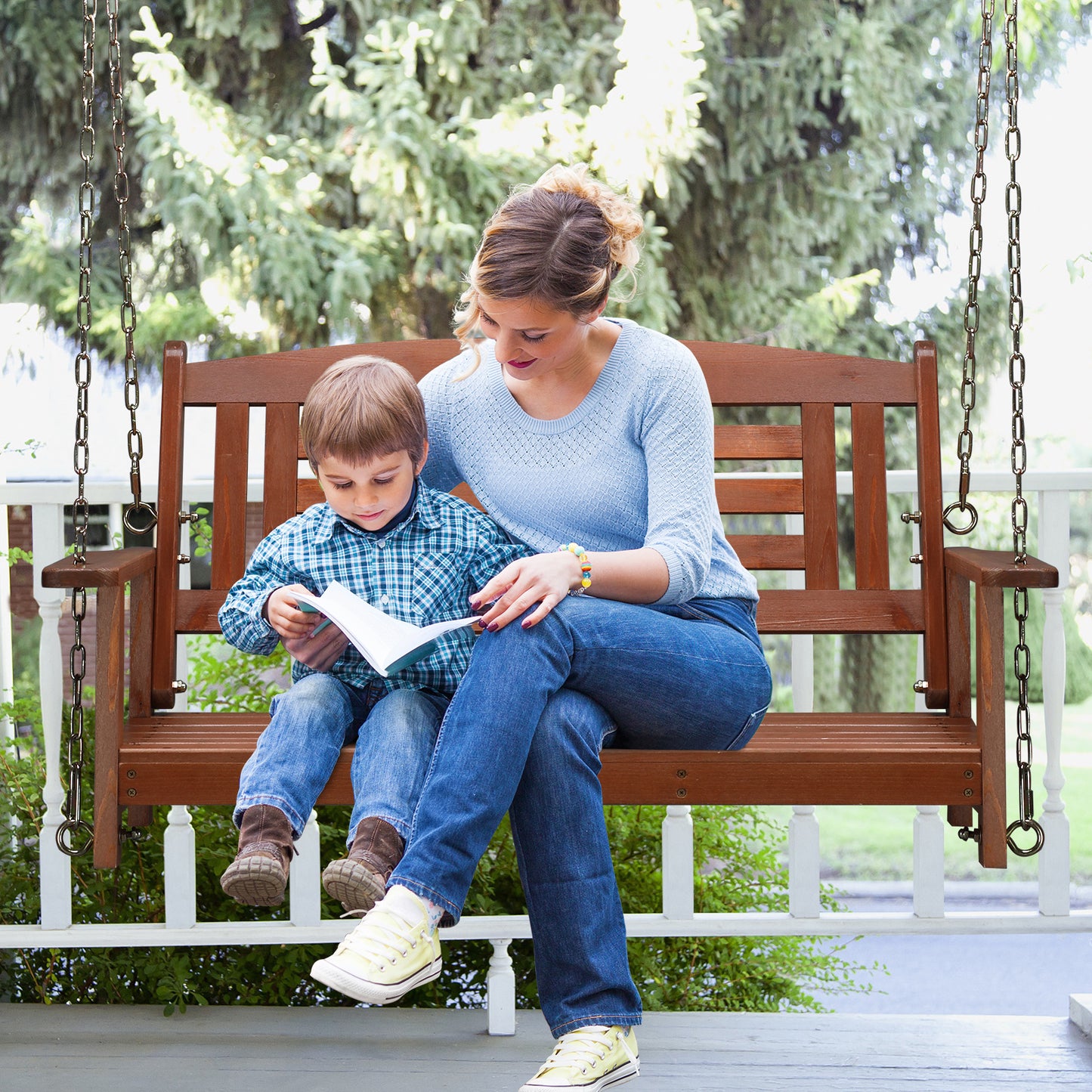 BTMWAY Double Wooden Swing, High Backrest, Durable Chinese Fir, 600lbs Capacity, Perfect for Indoor & Outdoor Use