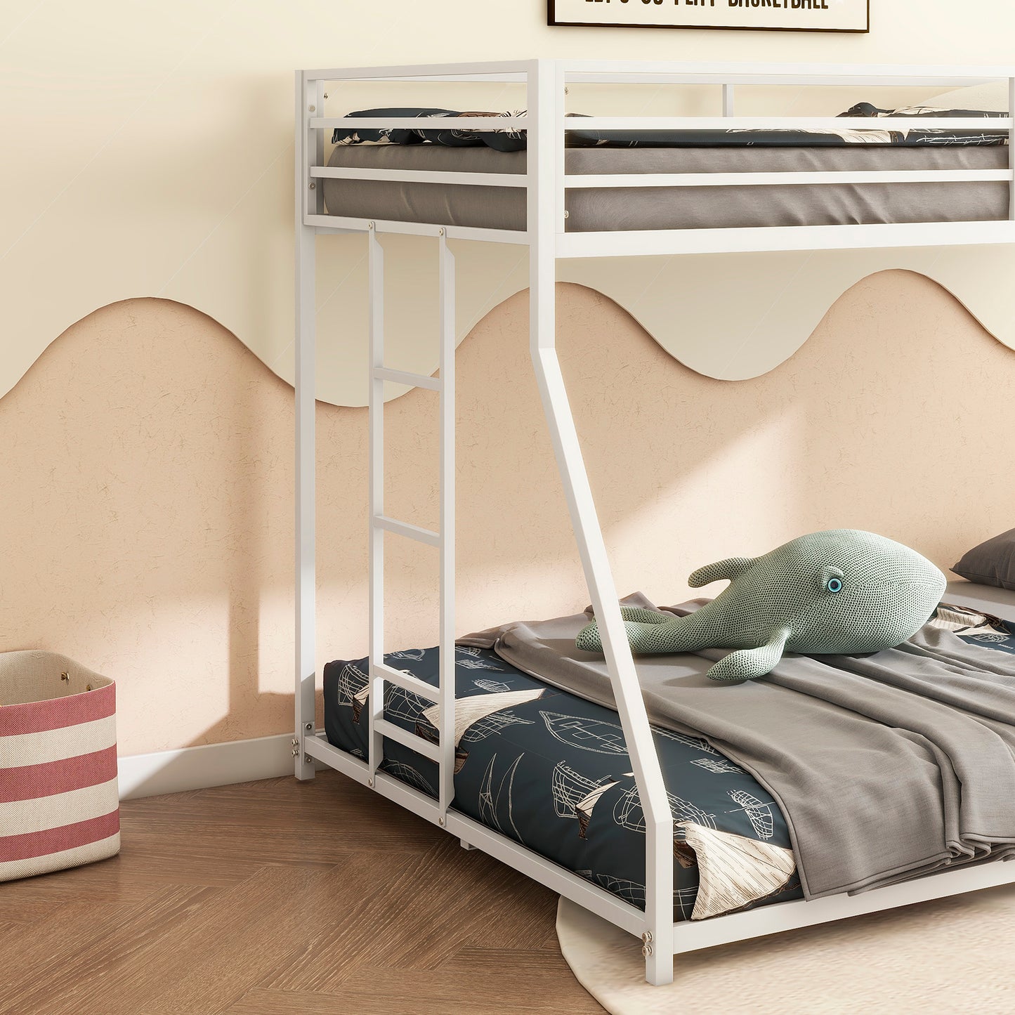 BTMWAY Metal Twin Over Full Bunk Bed with Removable Ladder, Heavy Duty Frame with Guardrails, Noise-Free Design, No Box Spring Needed, Sturdy & Durable for Kids, Teens, and Adults, White