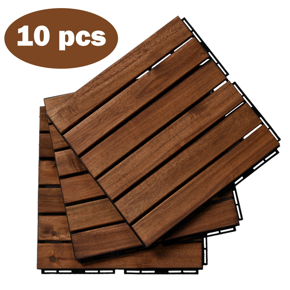 12" x 12" Outdoor Floor Tiles, BTMWAY Square Teak Interlocking Deck Tiles, All-Weather Waterproof Wood Acacia Tiles Patio Garage Flooring Tiles for Garden Deck Poolside, Set of 20 Tiles, A6937