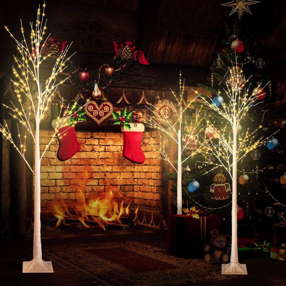 Lighted Birch Tree, 3PCS 4FT/5FT/6FT Prelit Birch Tree with Warm White Light, Lighted White Christmas Tree for Indoor Outdoor Use, LED Artificial Birch Tree for Home Wedding Party Christmas Decoration