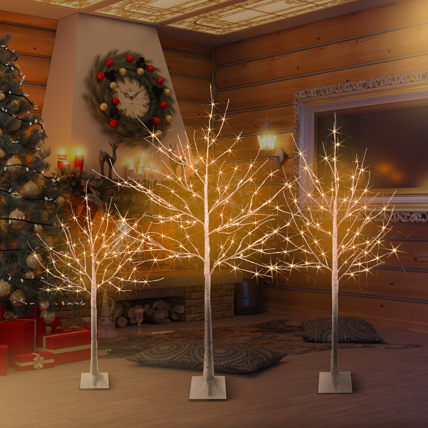 4/5/6FT Christmas Tree Set with Lights, Decorative Pre-Lit Xmas Christmas Birch Tree Decor