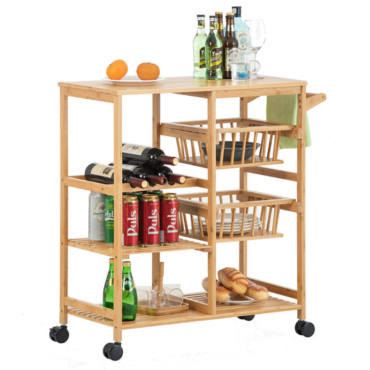 Kitchen Cart with Storage, BTMWAY 3-Tier Bamboo Rolling Kitchen Cart on Wheels, Modern Kitchen Utility Storage Shelf Cart Trolley Cart, for Kitchen Dining, Counter Top Table Dining Stand